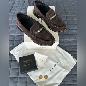 Freda Salvador Elba Penny Loafer Espresso Suede with Natalie Borton Loafer Charm
